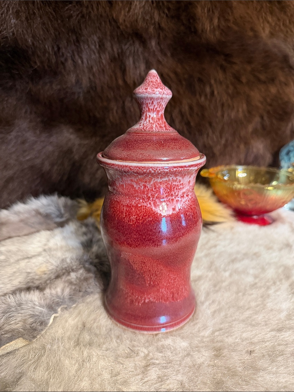 Red Glazed Ceramic Decorative Jar with Lid (3975)